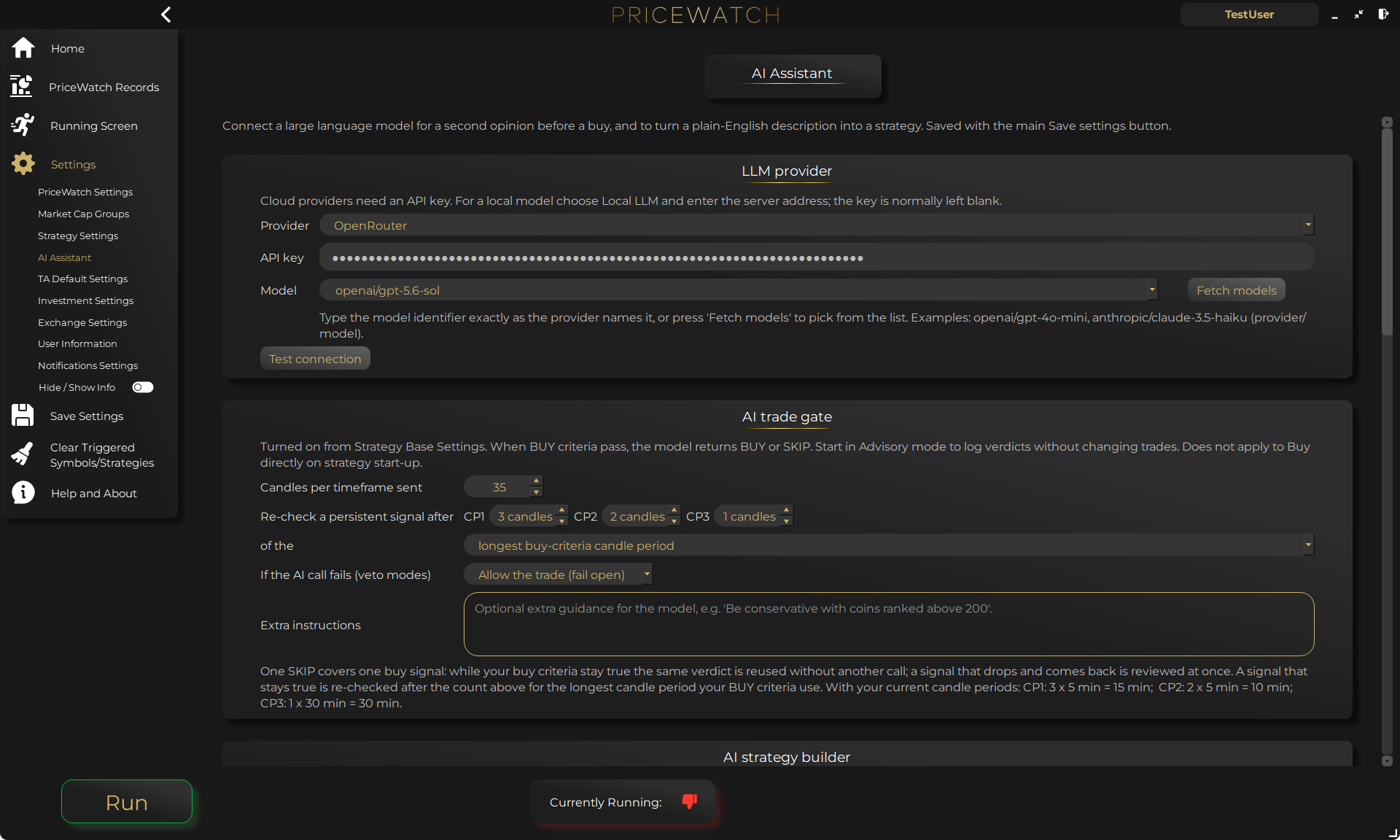 PriceWatch 2.0 AI Assistant provider and model settings